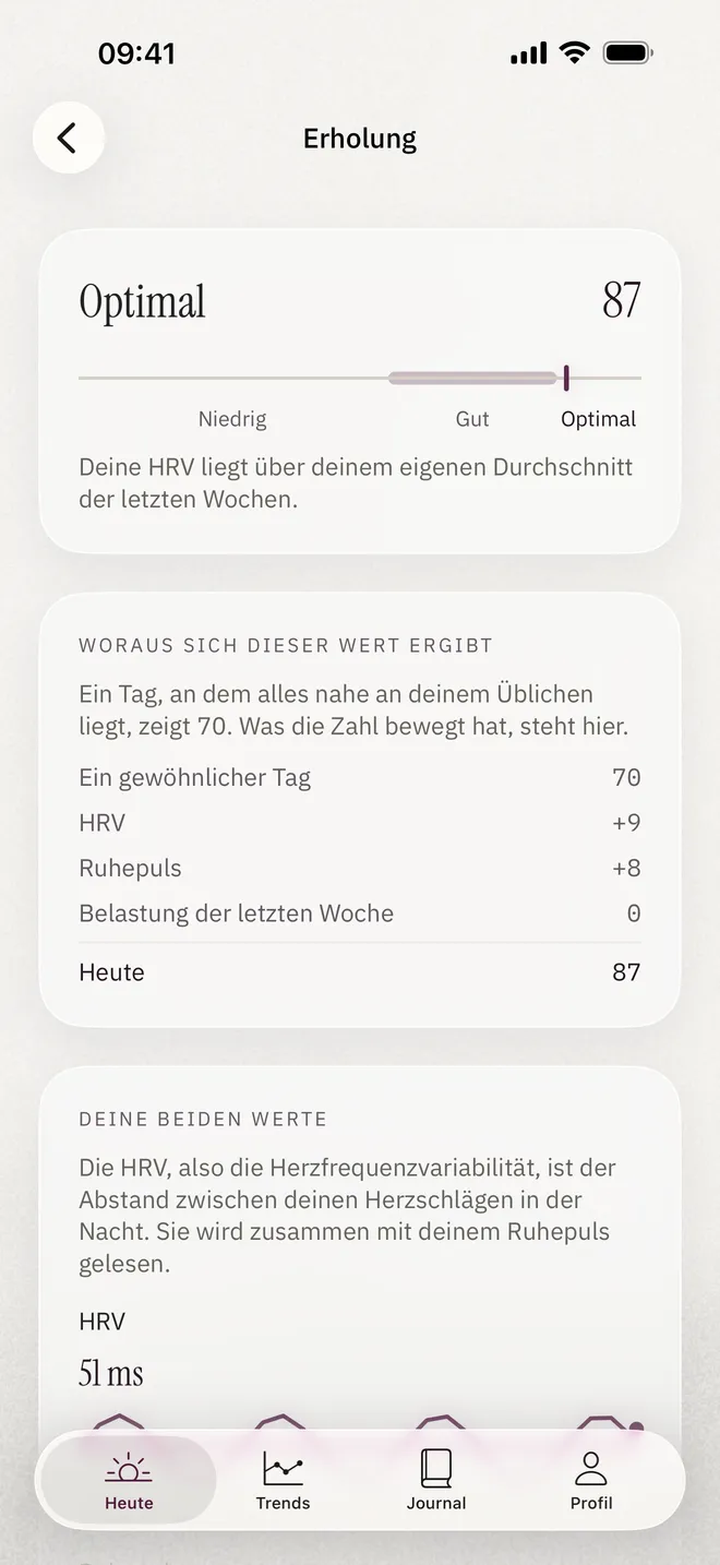 Der Bildschirm „Erholung im Detail“ in der Astrea-App.